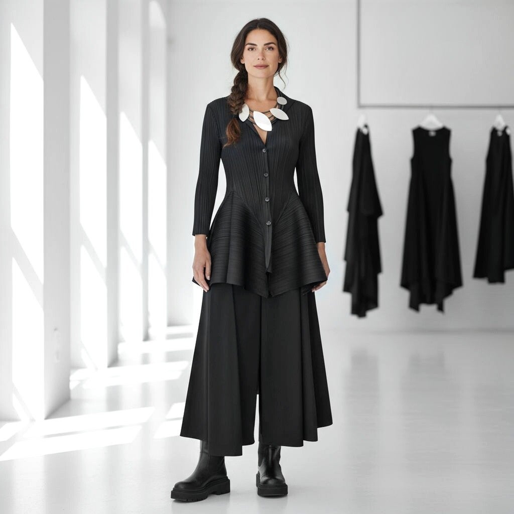 Plissee Bluse "Hinari" in figurbetonter A-Form in schwarz