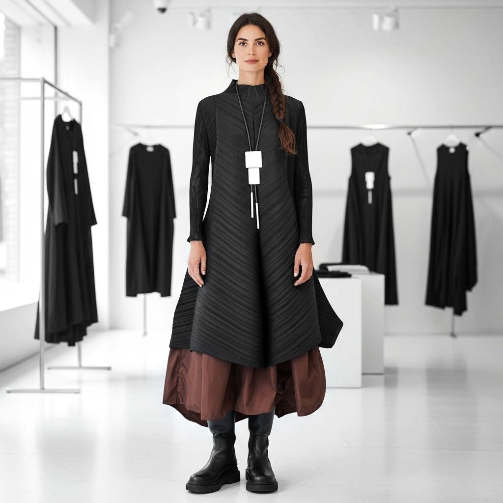 Plissee Kleid "Noemi" in eleganter A-Linie und Ärmel aus gecrashter Spitze in schwarz