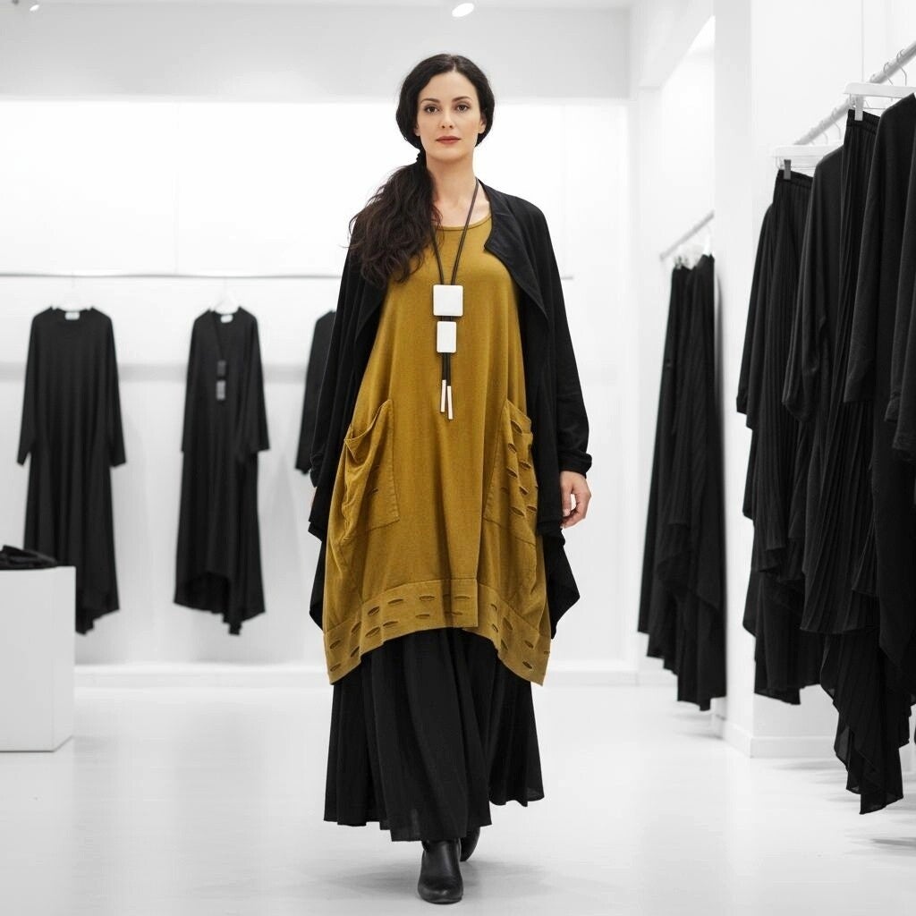 Oberteil-Tunika in Tulpenform mit effektvollen Detais in senf