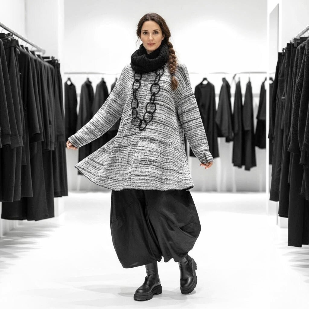 Bouclé-Strick Pulli in gemütlicher A-Linie in hellgrau-schwarz Melange