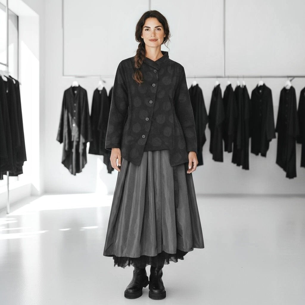 eleganter Taft-Rock "Aoki" mit Gummibund und Bindegürtel in graphit