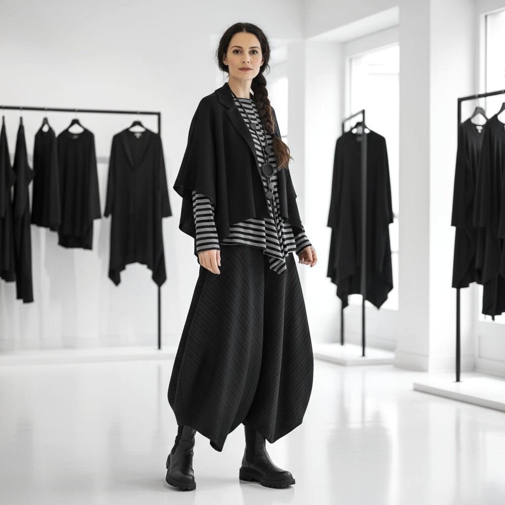 Eine sehr stilvoll gekleidete junge Frau steht erwartungsvoll in einer Boutique 