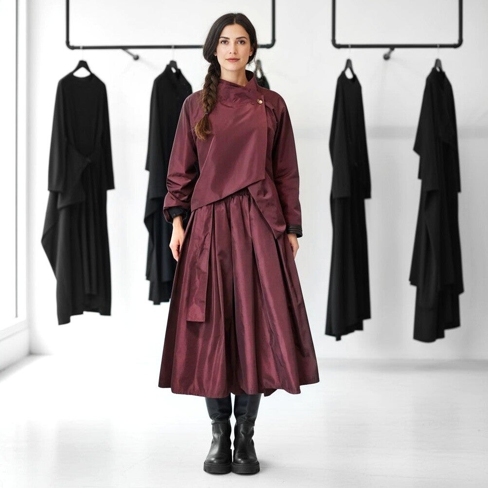 eleganter Taft Rock "Aoki" mit Gummibund und Bindegürtel in aubergine