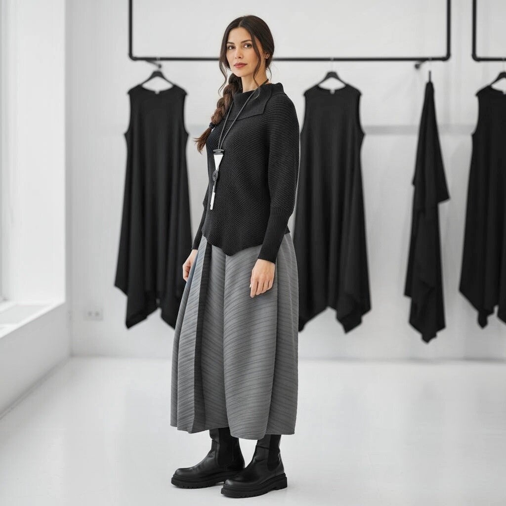 Plissee Hosenrock "Koyoshi" mit Gummibund und Bindegürtel in stahlgrau