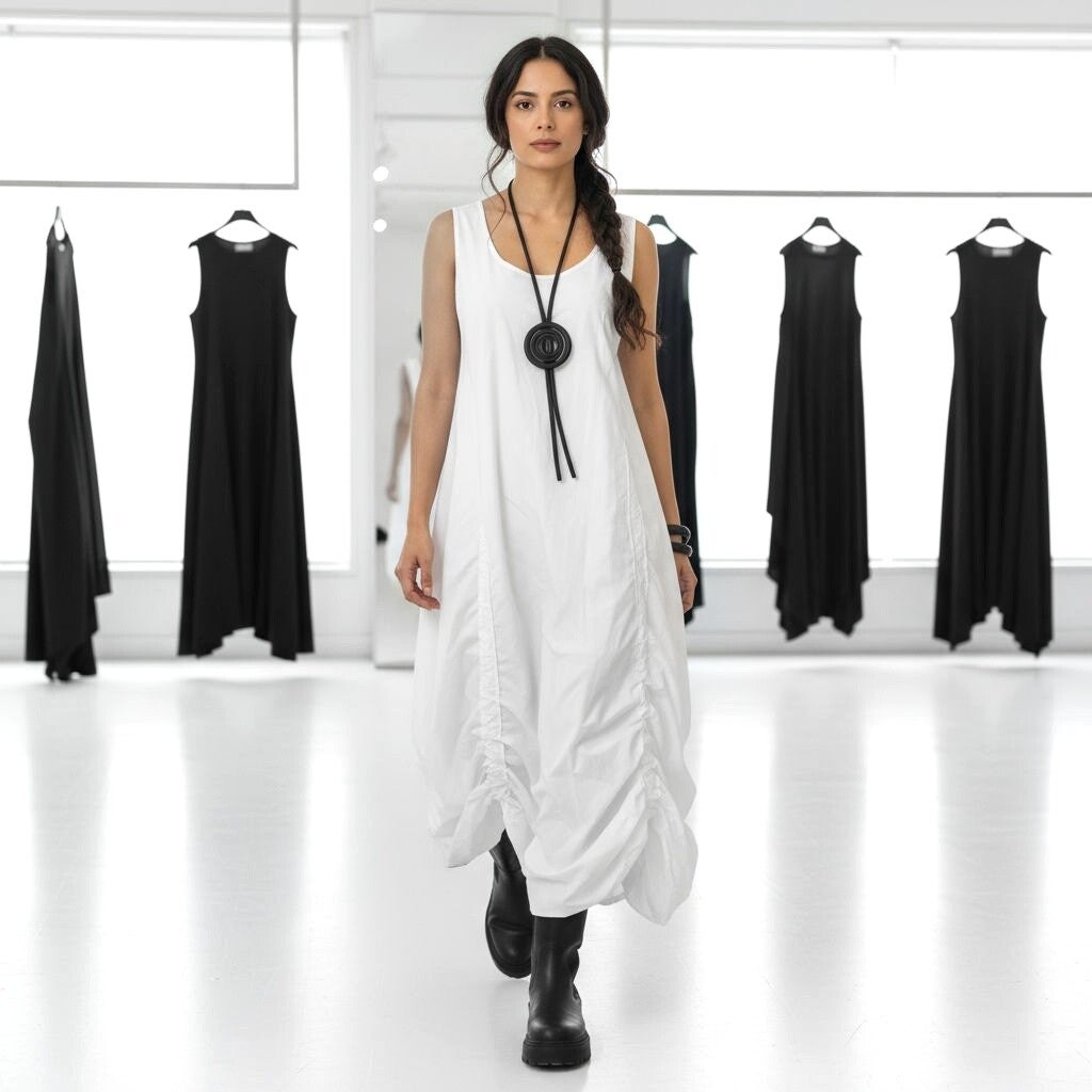 Kleid in modischer Tulpenform mit Raffungen in weiss