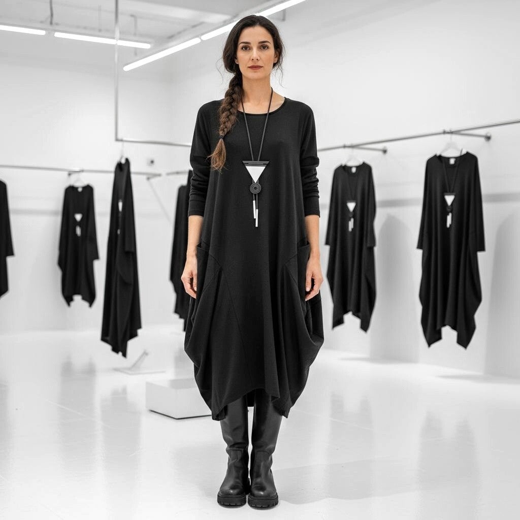 Kleid in modischer Tulpenform mit auffälligen Beuteltaschen in schwarz