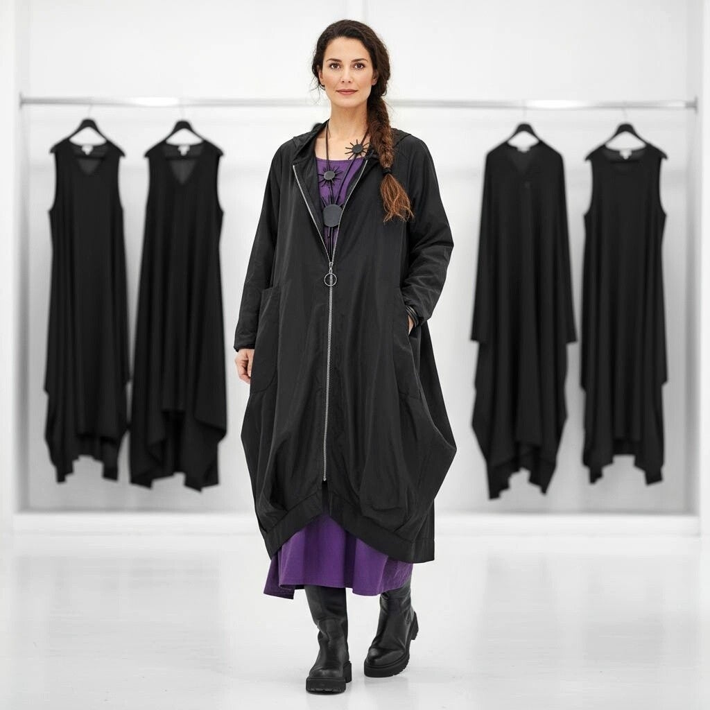 Taft - Mantel in Tulpenform mit langer Zipfel - Kapuze in schwarz