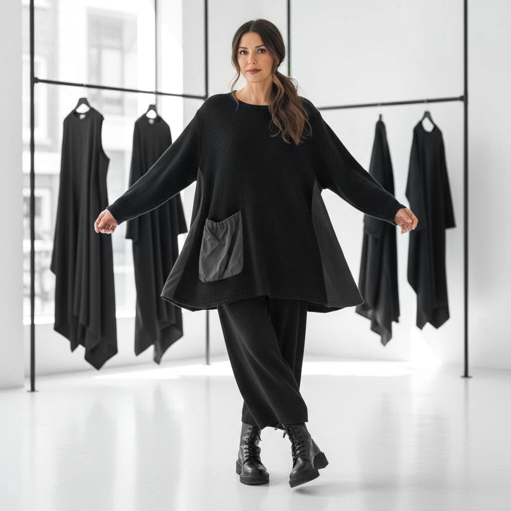 Baumwoll Strick Pulli in A-Linie mit Akzenten aus Memory Taft in schwarz