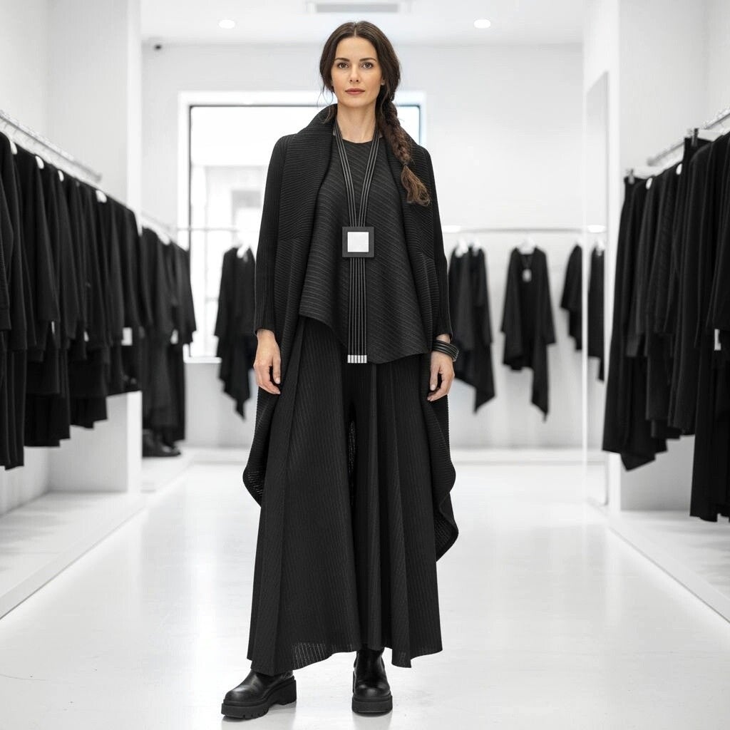 Plissee Hose "Datsumi" mit Gummibund und weitem Bein in schwarz