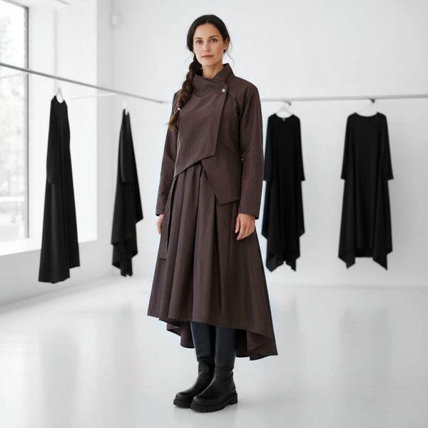 eleganter Taft Rock "Aoki" mit Gummibund und Bindegürtel in kastanienbraun