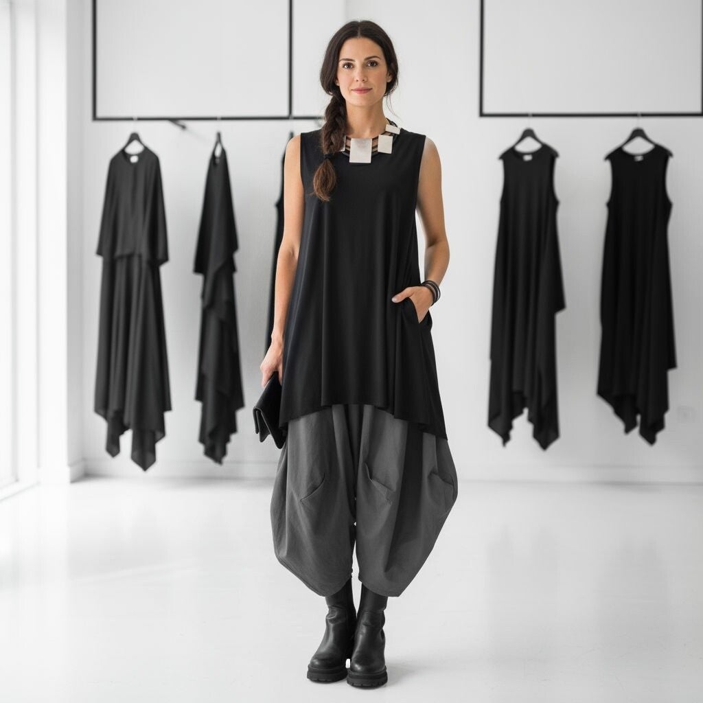 ärmellose Tunika in A-Linie mit seitlichen Taschen in schwarz