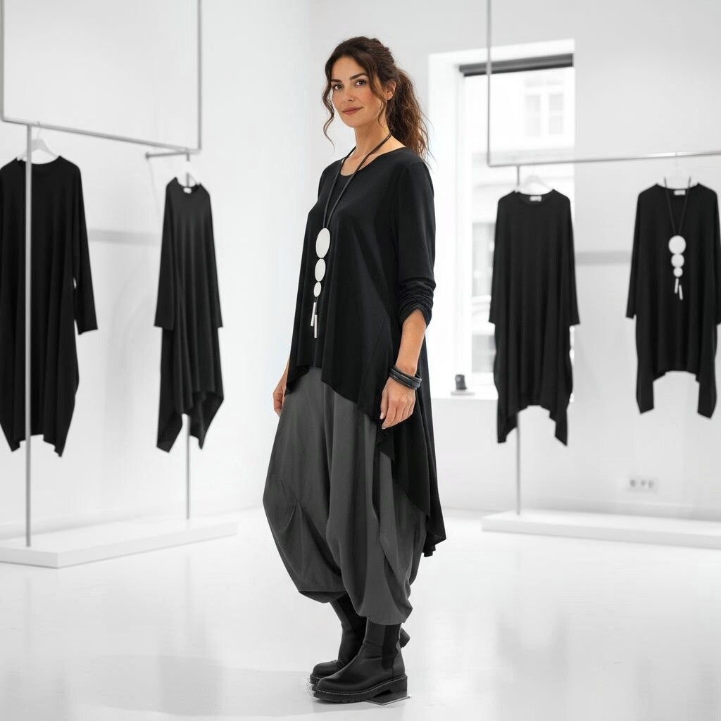 Oberteil vorne kurz - hinten lang in figurschmeichelnder A-Linie in schwarz