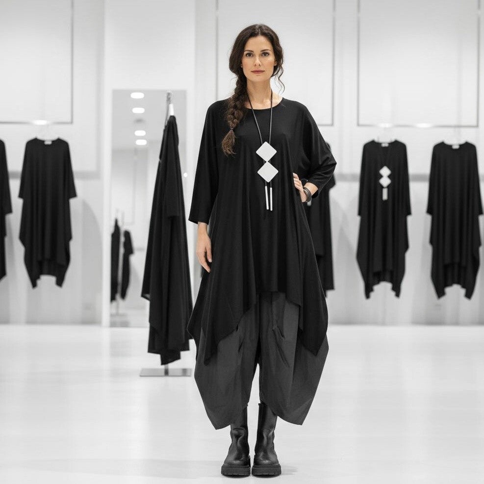 Oberteil in A-Linie mit zipfeligem Verlauf in schwarz