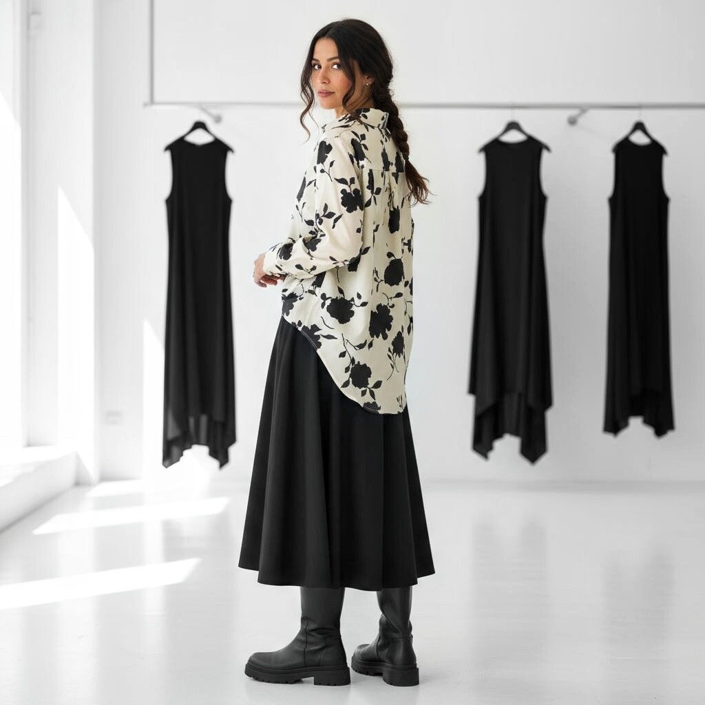 Bluse im Vokuhila Style mit apartem Druck in sand-schwarz