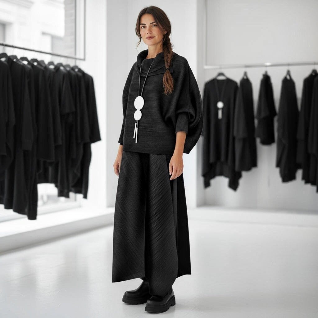 Plissee Oberteil "Michiko" mit Kragen in schwarz