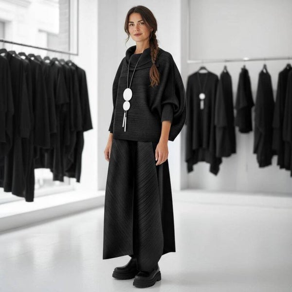 Plissee Oberteil "Michiko" mit Kragen in schwarz