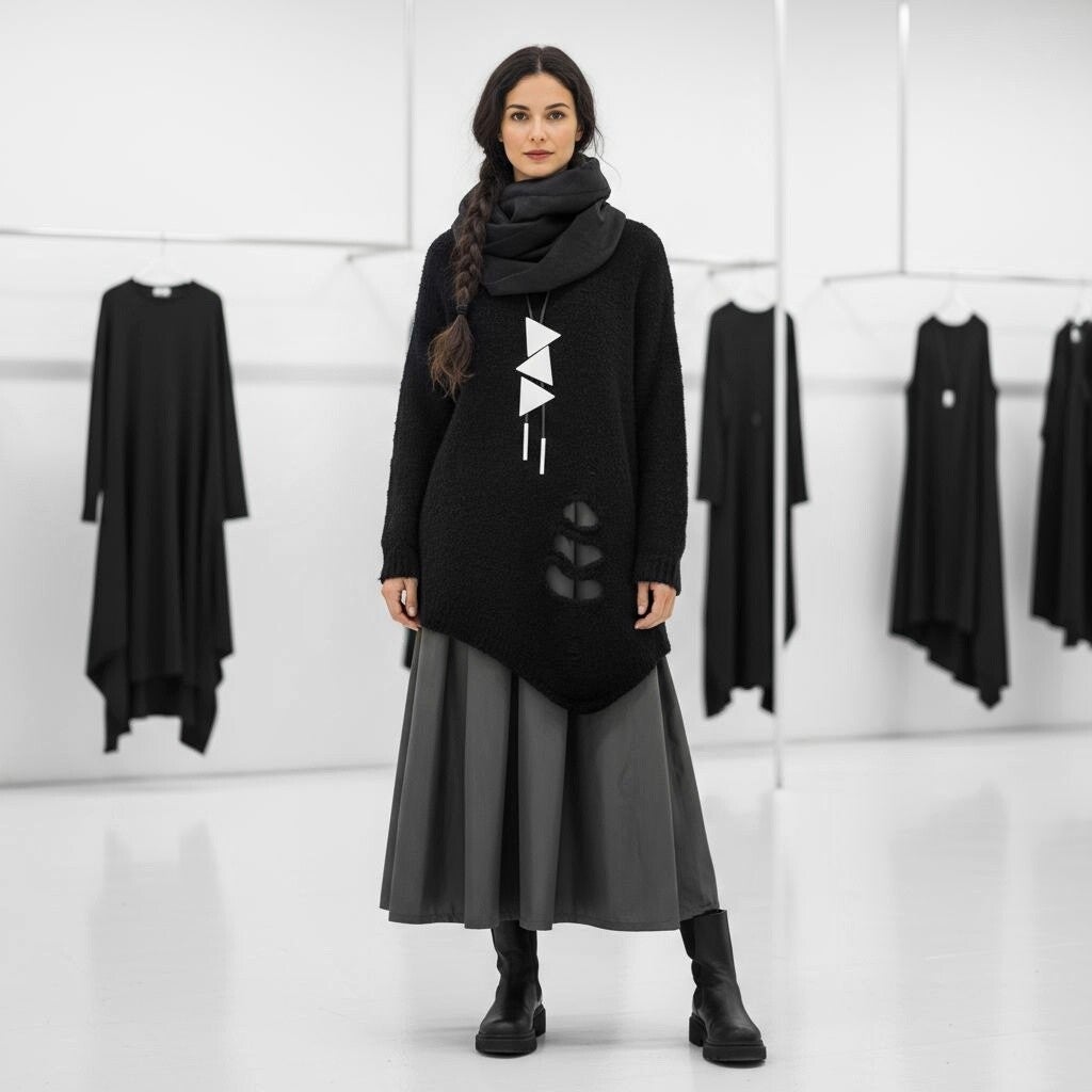 Bouclé-Strick Pulli asymetrisch mit Cut-outs in schwarz