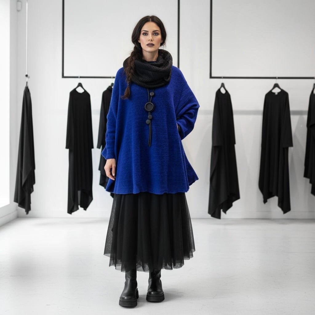 Bouclé-Strick Pulli in gemütlicher A-Linie in royalblau