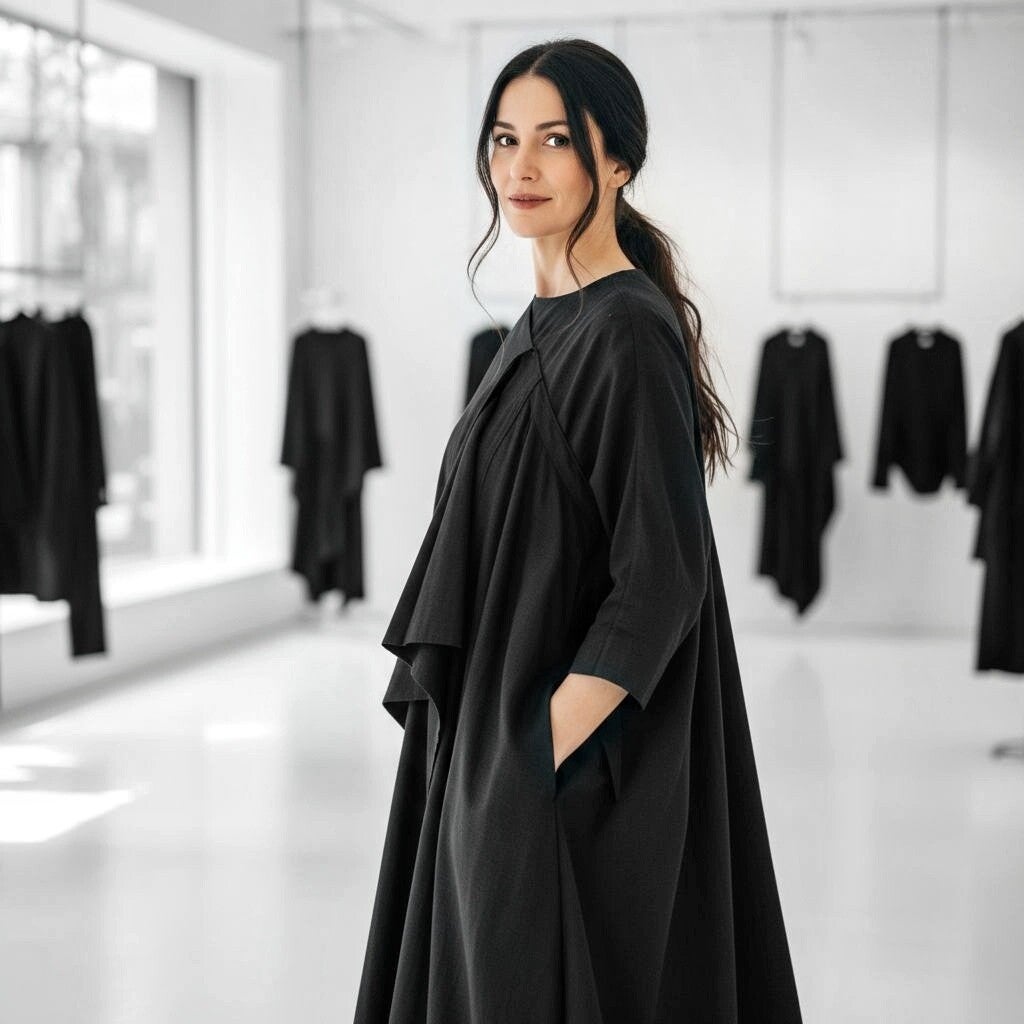 Eine selbstbewusste junge Frau präsentiert ausgefallene Mode in ihrer Damenboutique