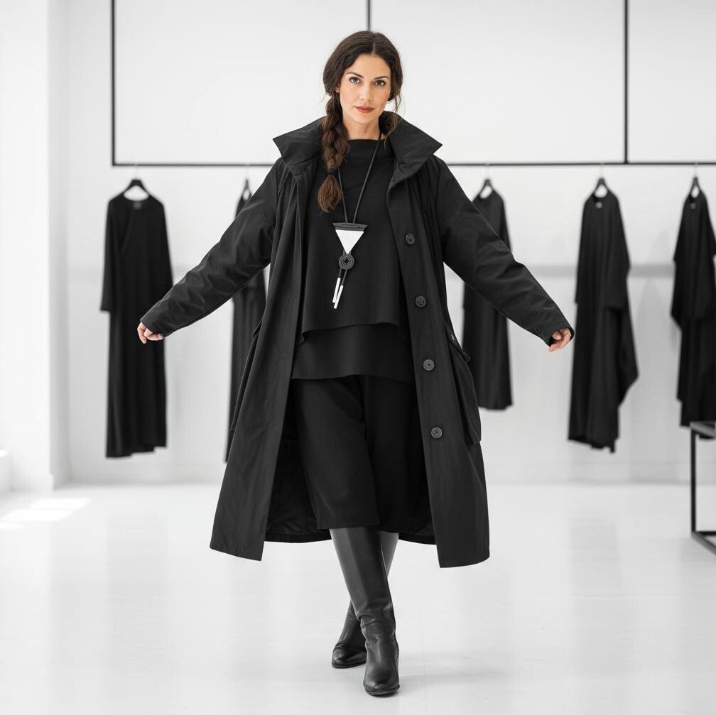 Eine modisch gekleidete Dame trägt einen schwarzen Mantel 