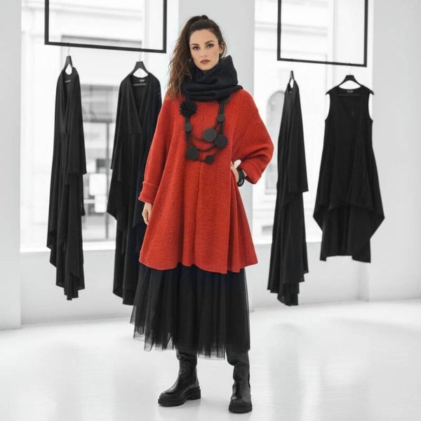 Bouclé-Strick Pulli in gemütlicher A-Linie in rostorange