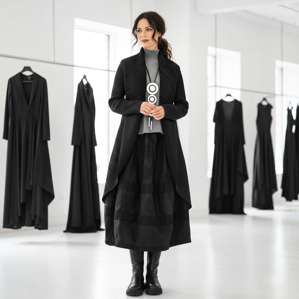 Plissee Mantel "Kyoto" in exklusiver Silhouette und Schalkragen in schwarz