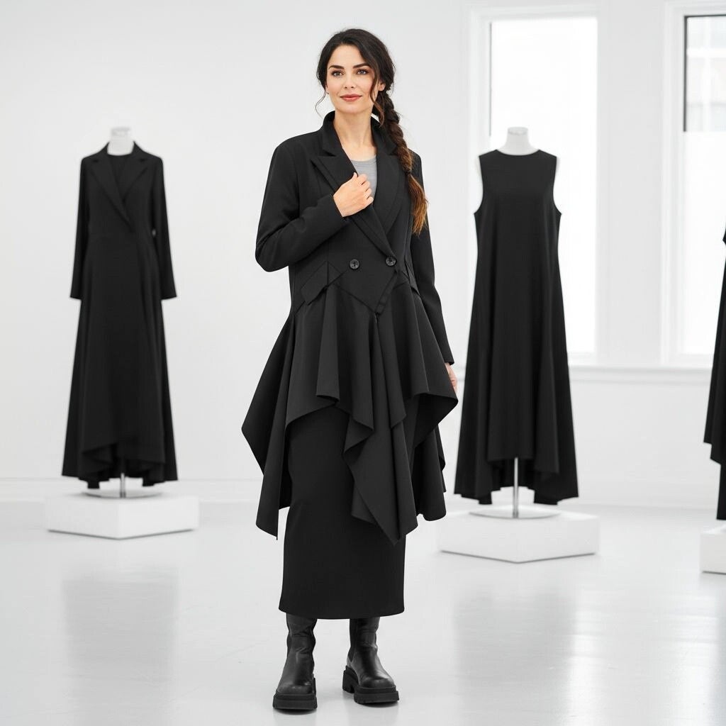 eine attraktive Frau trägt ein exklusives schwarzes Outfit  als Abendgarderobe 