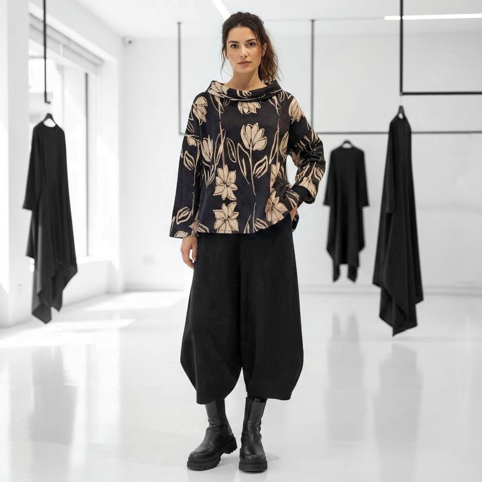 strukturiertes Oberteil mit halsfernem Kragen & floralem Muster