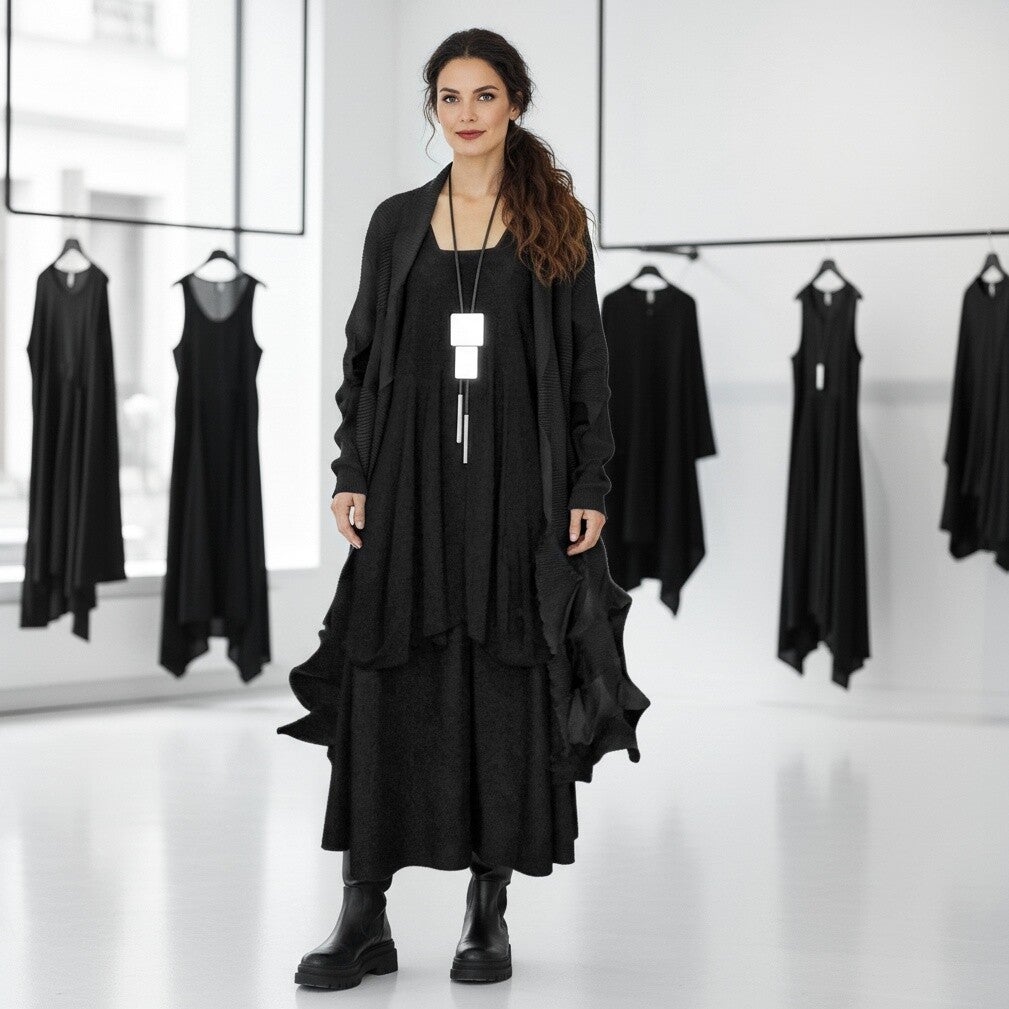 Plissee Mantel "Hokkaido" in Knitter-Optik in schwarz