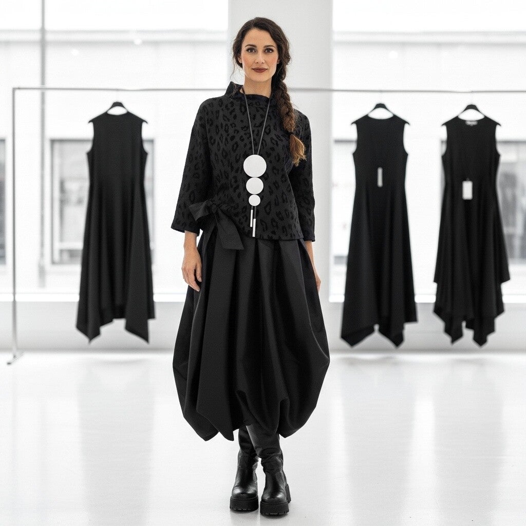 Oberteil in Kastenform mit kleinem Stehkragen in schwarz gemustert