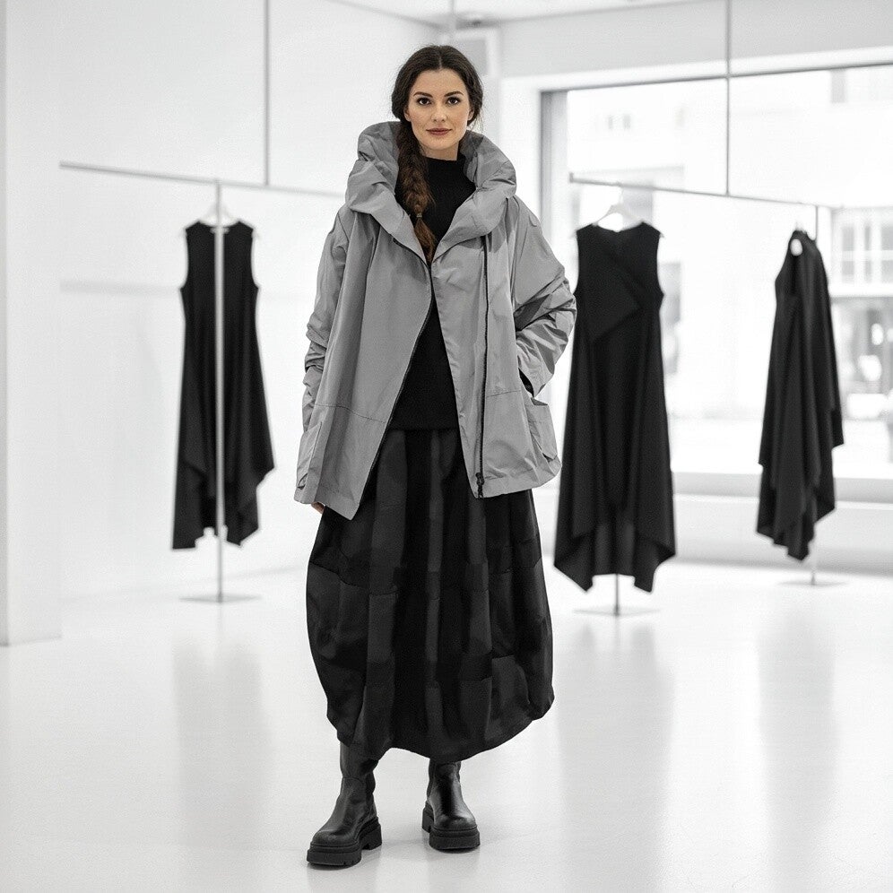 "Hopsack" Winterjacke mit Fleece-Innenfutter und formschöner Kapuze in rauchgrau