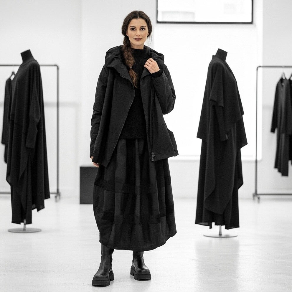 "Hopsack"  Winterjacke mit Fleece-Innenfutter und formschöner Kapuze in schwarz