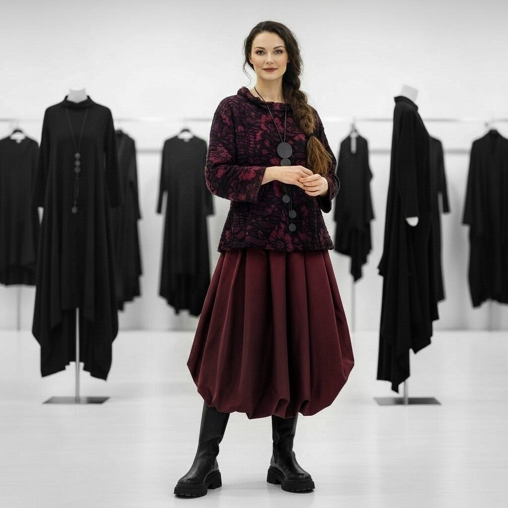 Taft-Rock mit Gummibund und effektvollem Raffsaum in burgund