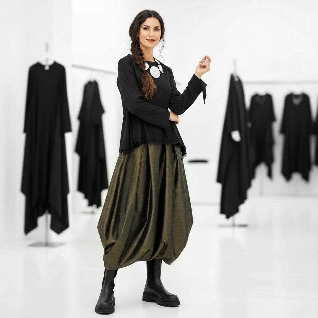 Taft-Rock mit Gummibund und effektvollem Raffsaum in dunkel-pistazie