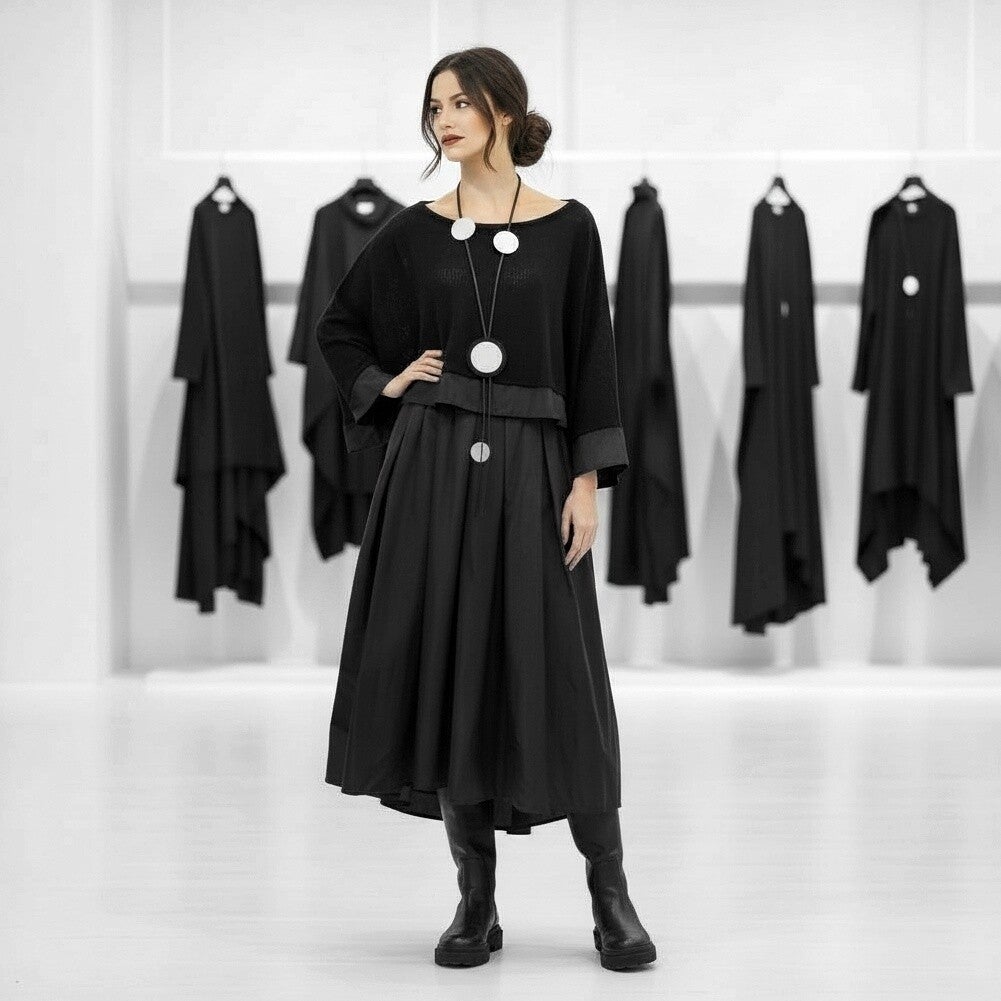 Baumwoll Strick-Pulli in großzügiger Kastenform in schwarz