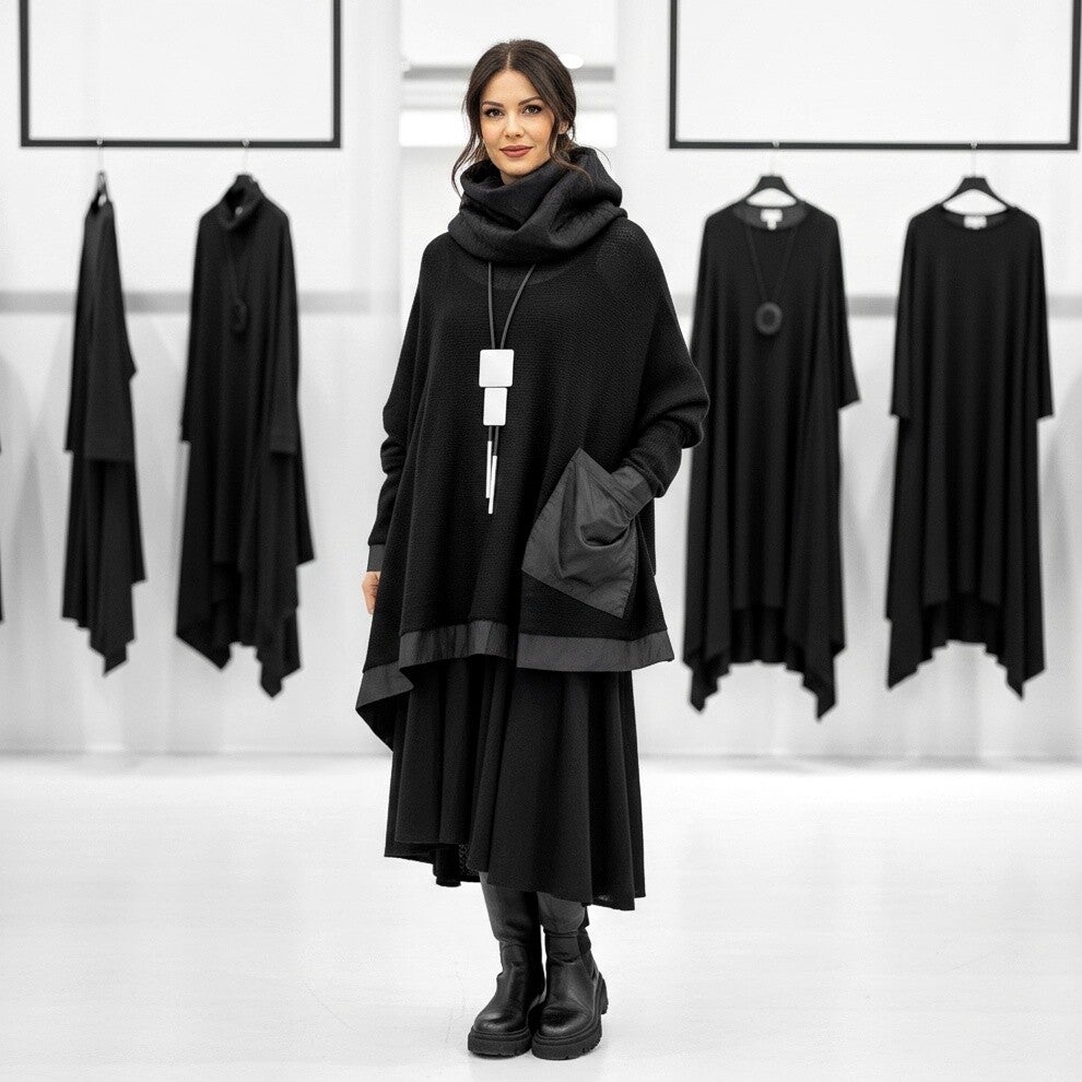 Baumwoll Strick Pulli mit effektvollen Akzenten aus Memory Taft in schwarz