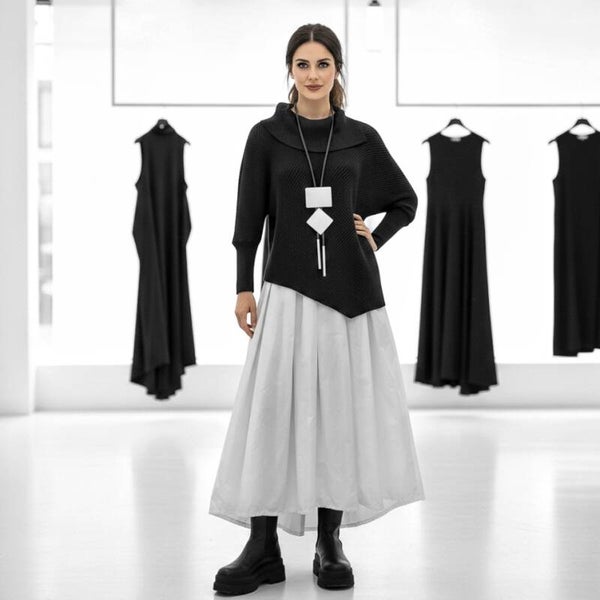 eleganter Taft-Rock "Aoki" mit Gummibund und Bindegürtel in weiss