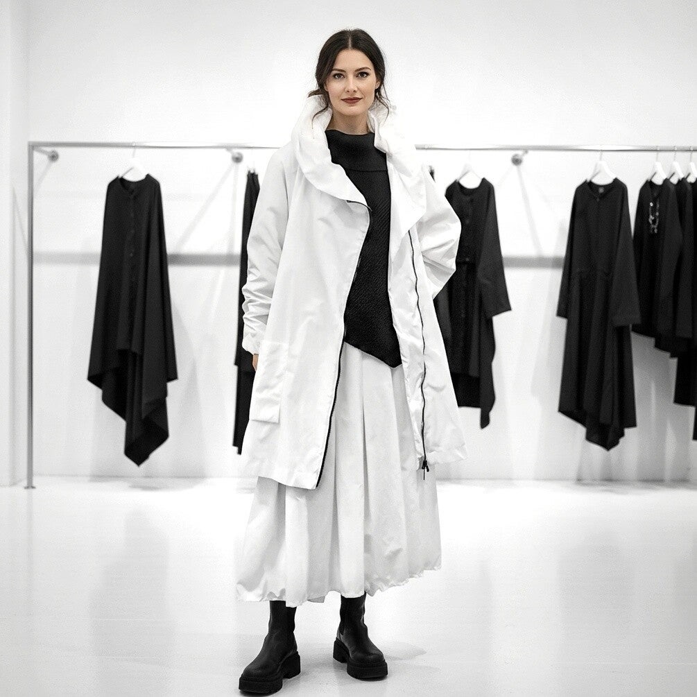 "Hopsack" Parka mit leichtem Innenfutter und Kapuze in weiss