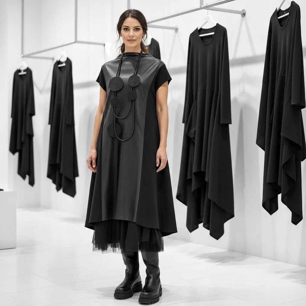 Kleid in A-Linie kombiniert mit effektvollen Kunstleder in schwarz