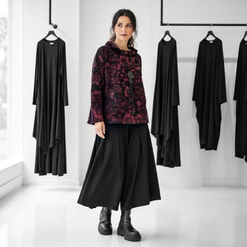 strukturiertes Oberteil mit halsfernem Stehkragen in schwarz-burgund gemustert