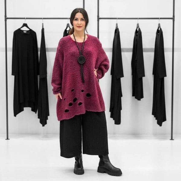 Bouclé-Strick Pulli mit Cut-outs in fuchsia
