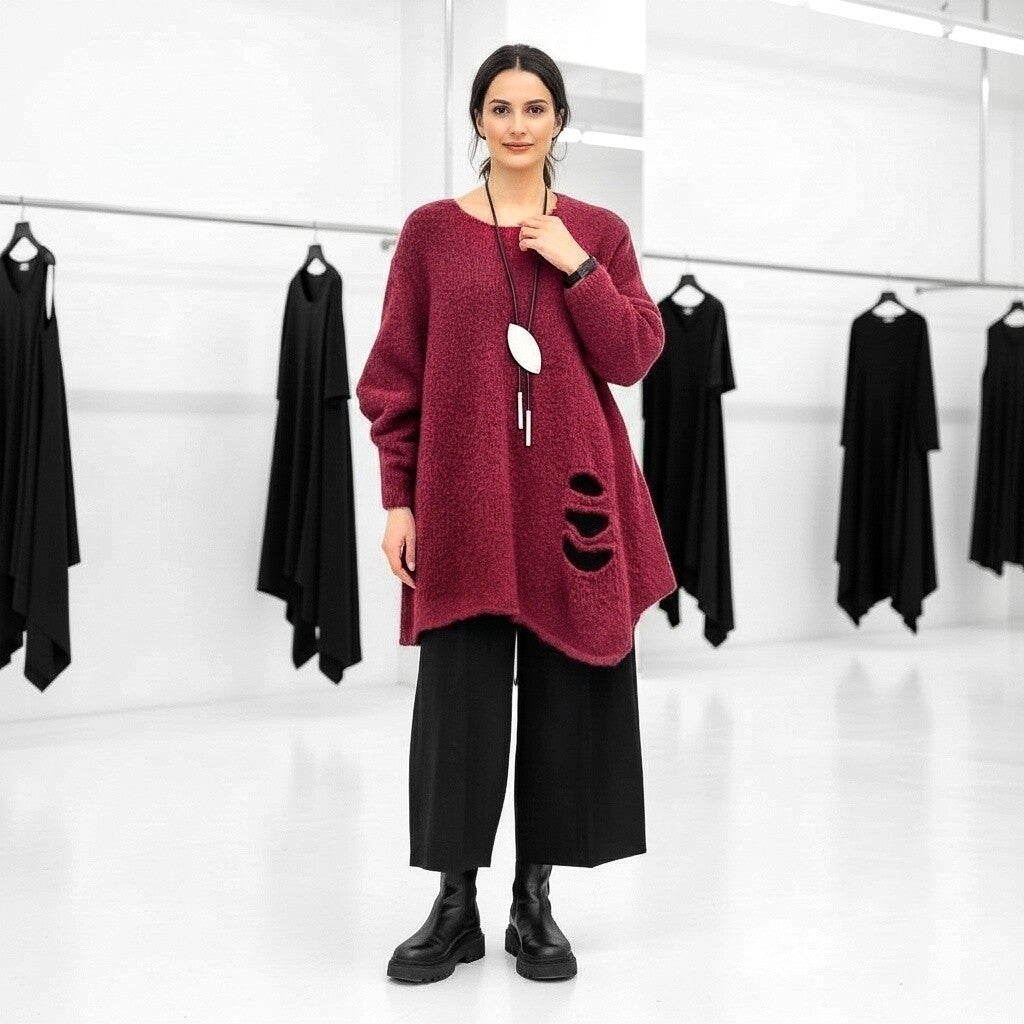 Bouclé-Strick Pulli asymetrisch mit Cut-outs in fuchsia