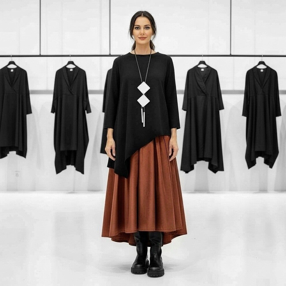 eleganter Taft Rock "Aoki" mit Gummibund und Bindegürtel in rostorange