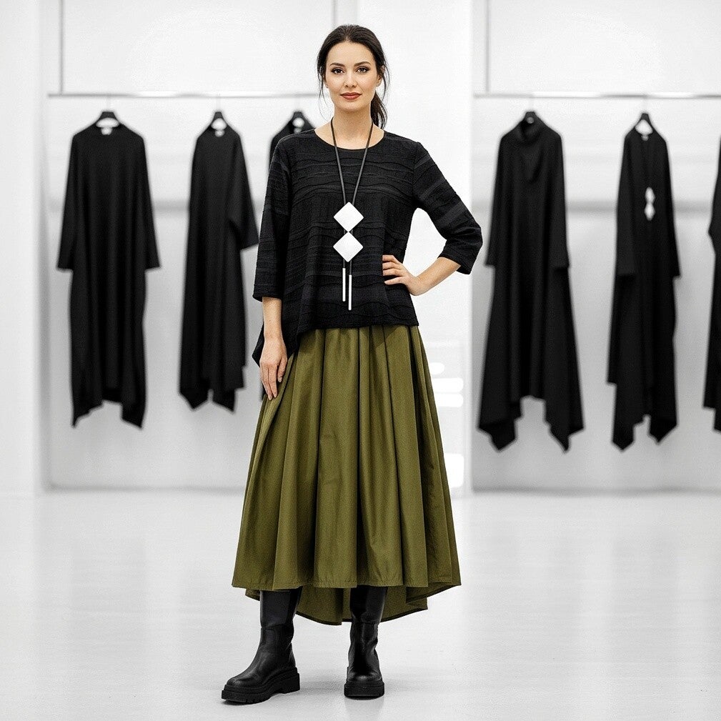 eleganter Taft-Rock "Aoki" mit Gummibund und Bindegürtel in pistazie