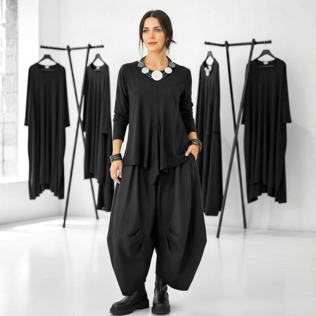 extravagante leichte Baumwoll-Hose "Yuki" in schwarz