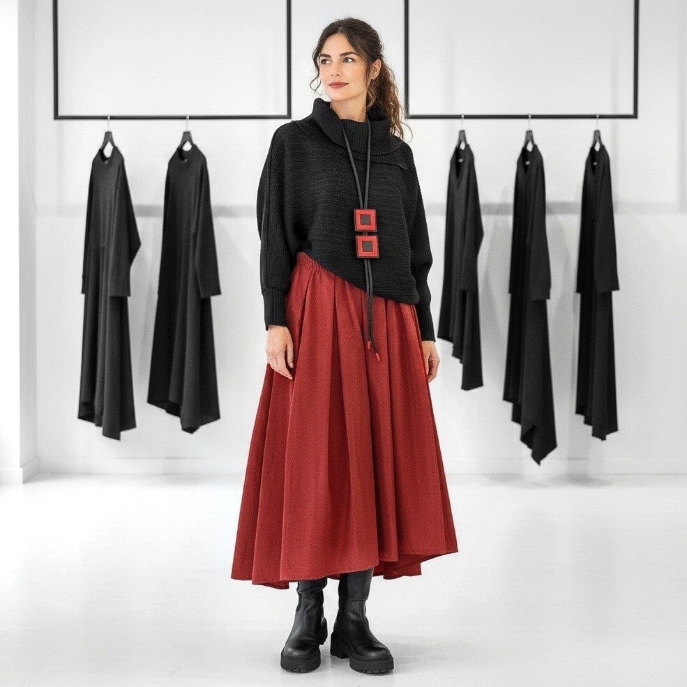 eleganter Taft Rock "Aoki" mit komfortablem Gummibund und Bindegürtel in bordeaux