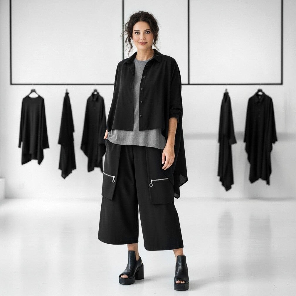 stylishe Culotte mit auffälligen Zier-Reißverschlüssen in schwarz