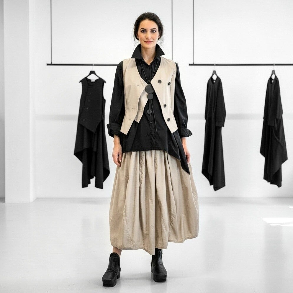 Baumwoll Rock "Haruki" in Tulpenform und Gummibund  in sandfarben