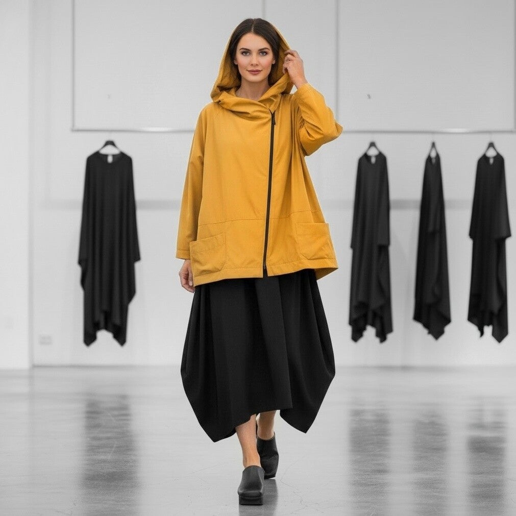 "Hopsack" Jacke mit leichtem Innenfutter und Kapuze in sonnengelb