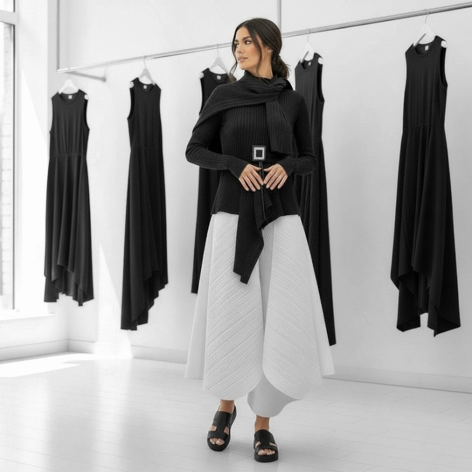 Eine hübsche Frau mittleren Alters steht in einer modernen Boutique 